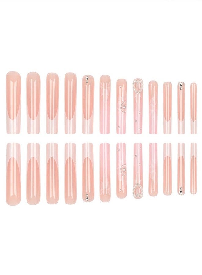 Foccna Pink Press on Nails Artificail Extra Long, French Square Fake Nails, Crystal Flowers Nails Acrylic for Women Reusable Nail Kit Adhesive Tabs Nail File 24pcs - Image 2